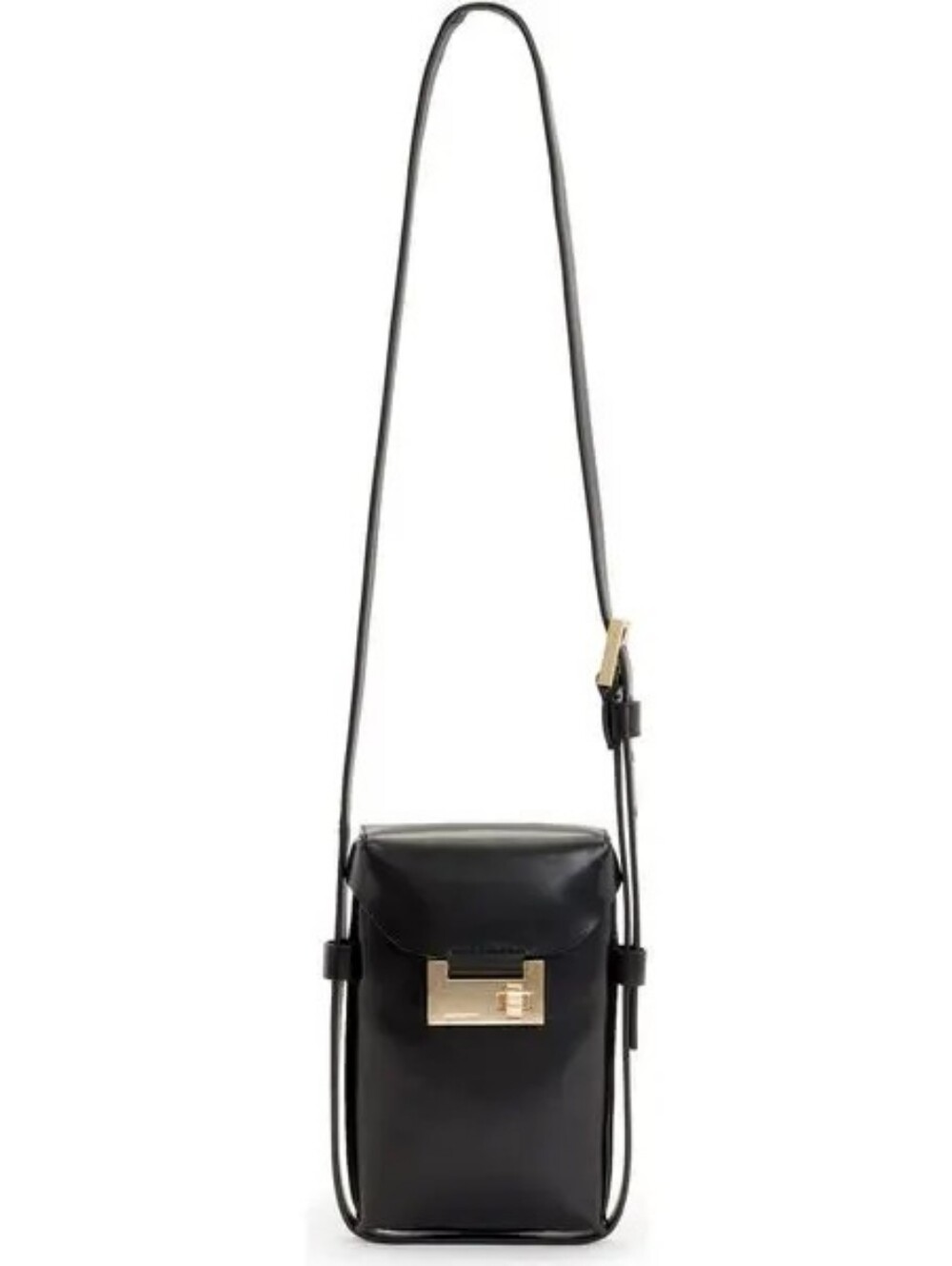 All Saints Black Leather Crossbody Bag with Gold-Tone Lock